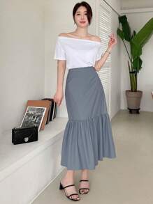 DAZY Women Fashionable Solid Color High Waist Long A-Line Skirt