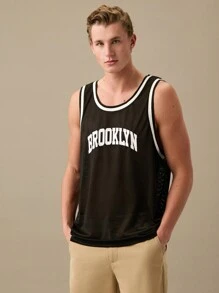 Manfinity RebelGame Men Letter Graphic Contrast Binding Mesh Tank Top,Back To School - Black - View 5