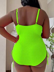 Slaydiva Plus Size Summer Beach Plain Hollow Out Drawstring Side Neon Holiday One-Piece Swimsuit Bathing Suit - Mint Green - View 2