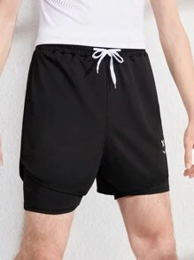 Teen Boy Smiling Face Print Sports Shorts Set, Two Pieces Look - Black - View 3