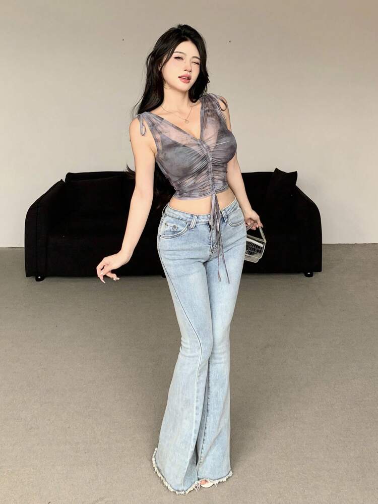 Women Drawstring V-Neck Sheer Printed Tank Top Sexy Women Tops