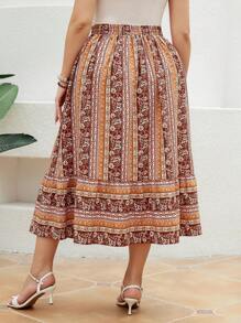 Mulvari Plus Size Women's Geometric Pattern Skirt With Ruffle Hem - Mustard Yellow - View 3