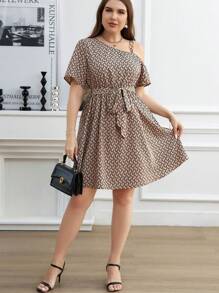 SHEIN Clasi Dress Ukuran Plus Asimetris Berikat Geometris All Over Print Casual - MultiWarna - View 6
