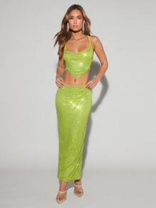 Forever 21 Kết cườm Quay trở lại Cami ngọn & Bộ váy - màu xanh lá - Xem 6