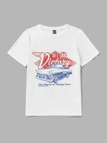 SHEIN EZwear 大码复古汽车图案 T 恤，宽松短袖圆领休闲套头衫，女式 - 白色 - 查看 5