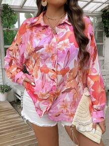 Celure Blusa de chifón romántica de manga larga con estampado floral para mujeres de talla grande para la temporada de primavera/verano - Rosa - Ver 3