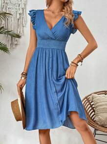 Breezaya Women V-Neck Ruffle Hem Vacation Dress, Simple Style For Spring And Summer - Blue - View 3