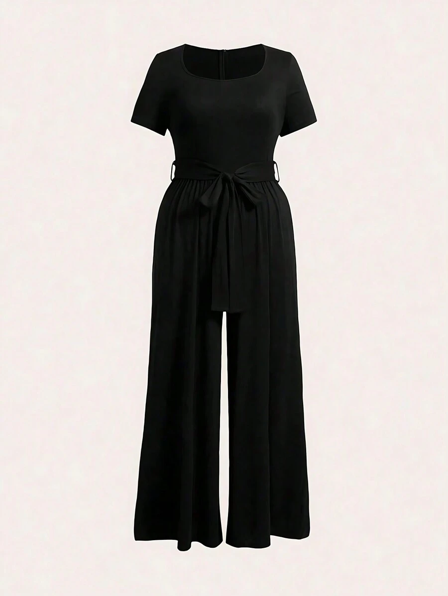 Flirla 大碼女士純色休閒連身褲 - 黑色 - 查看 1