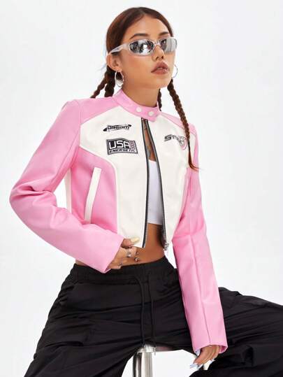 Coolane Chaqueta de cuero sintético con cremallera y gráfico de letras en dos tonos para otoño/invierno