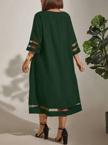 EMERY ROSE Plus Size Women Solid Color Simple Round Neck Dress Women Outfit - Dark Green - View 2