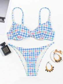 Swim Mod Summer Beach Plaid Print Push Up Underwire Bikini Set With Spaghetti Strap - Multicolor - View 3