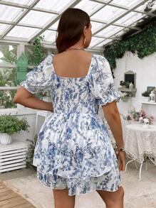Flirla 大碼夏季雙層裙擺花卉印花連身褲，具有甜美領口 - 藍白色 - 查看 2