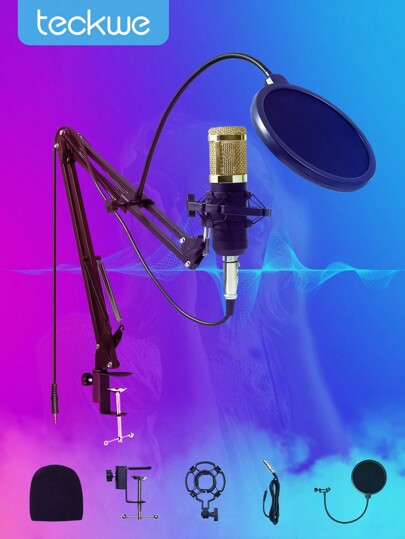 Teckwe One Set Microphone Kit With Stand,Condenser Microphone USB Plug With Cantilever Bracket For Streaming,Podcasting,Singing,Studio Recording & Gaming
