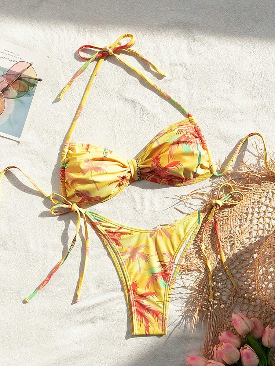 SHEIN Swim 女士椰子树印花吊带度假比基尼套装 带胸罩和系带侧裤 夏季 - 彩色 - 查看 1