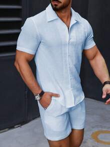 Manfinity Homme Men Solid Color Casual Daily Outfit, Short Sleeve Shirt And Shorts 2-Piece Set For Spring And Summer - Blue - View 3