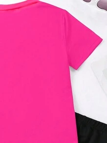 Tween Girl 2pcs/Set Summer Casual Letter & Cartoon Print Short Sleeve T-Shirt & Shorts