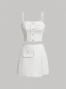 SHEIN MOD Vintage Fashion 2 Pieces Set: Pearl Button Decorated Slim Fit Cami Top And Asymmetric Hem Skirt - Apricot - View 1