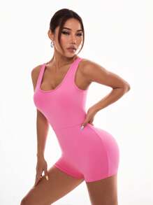 Easithlete Enterizo deportivo a la moda y elástico con cuello redondo y unicolor - Rosa - Ver 8