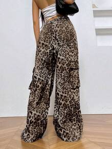 SHEIN Unity Leopard Print Zipper Front Casual Cargo Trousers Fall Cloth For Women - Black and White - View 2