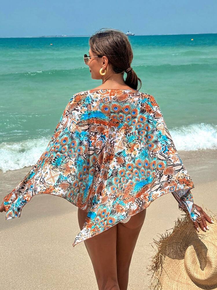 Women\ Summer Beach Full Print Asymmetrical Hem Dress Cover-Up
