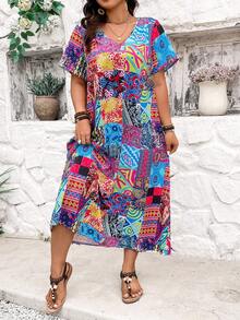 SHEIN Holidaya Plus Size Summer Holiday Patchwork Print Dress - Multicolor - View 3