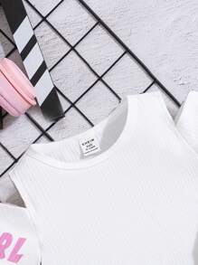 SHEIN Baby Girls' Leisure Solid Color Round Neck Stylish Off-Shoulder Short Sleeve Top And Cute Cartoon Digital Printed Suspenders Shorts Set, Summer - Multicolor - View 5