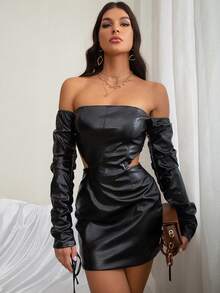 Off Shoulder Cut Out PU Leather Dress - Black - View 5