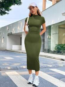 SHEIN EZwear 素色小高領緊身洋裝 - 軍綠色 - 查看 5