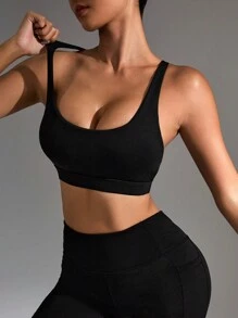 Slayform Slayform Ladies" Solid Color Criss-Cross Back Sports Bra With Cutout - Black - View 5