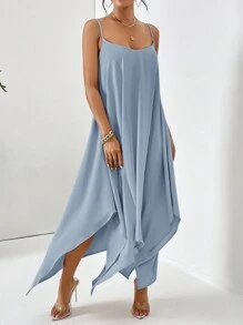 SHEIN Essnce Summer Solid Color Spaghetti Strap Asymmetrical Hem Cami Dress, Pastel Dresses For Women - Baby Blue - View 5