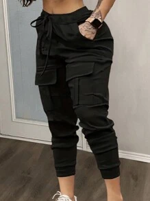 Slaydiva Quần dài đến mắt cá chân màu đen có túi, kiểu dáng thường ngày, dành cho nữ. - màu đen - Xem 7