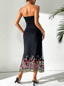 SHEIN Privé Women Elegant Romantic Solid Backless Tube Off Shoulder Strapless Tube Top Positioning Printing Long Long Black Summer Dress With Mesh Contrast And Floral Embroidery For Parties,Easter,Music Festival,Graduation Season. Mother's Day,Homecoming,Teacher's Day,On Vacation. Elegant - Black - View 2