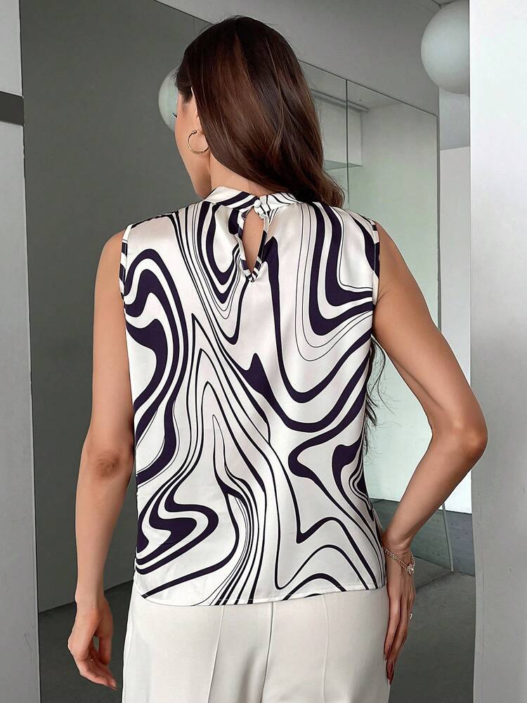 Women Summer Loose Fit Sleeveless Button Down Shirt With Wave Striped Print And Knot Tie