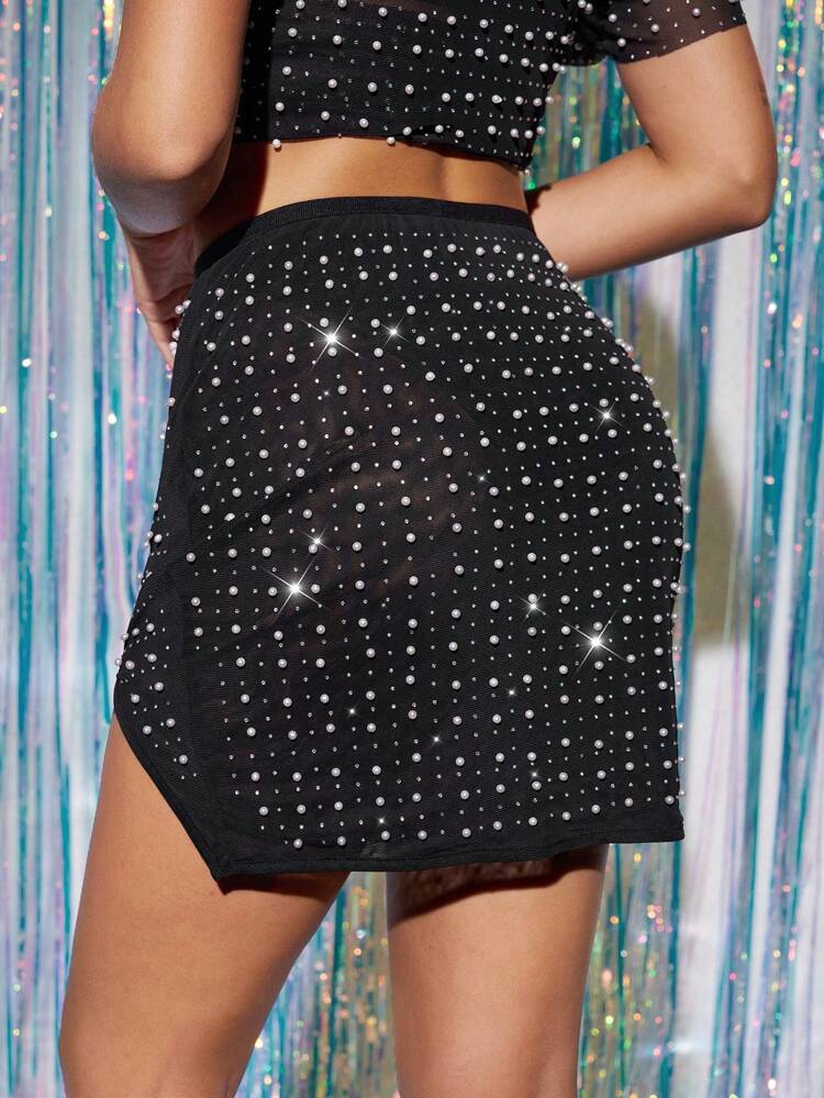 Rhinestone Embellished Faux Pearl Stud Split Fashion Skirt, Suitable For Music Festivals