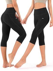 SHEIN Essnce Vrouwen Hoge taille Capri Leggings Met Zakken , Buik controle , Niet-transparant , Training & Yoga Broek