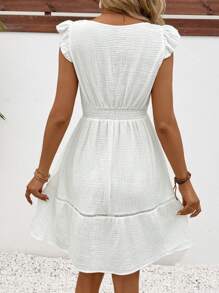 SHEIN Frenchy 女士夏季度假純色蕾絲拼接短袖A字裙，白色棉質連衣裙，使用純棉面料製成，白色中長裙，波希米亞女裝 - 白色 - 查看 3