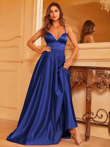 Faeriesty 纯色缎面长款伴娘礼服，优雅连衣裙 - 寶藍色 - 查看 5