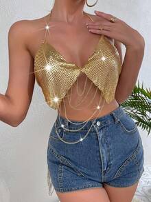 Áo tank top cổ yếm nữ trang trí dây xích kim loại, kiểu dáng thường ngày. - Vàng - Xem 6