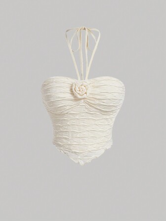 SHEIN MOD Aprikot gestricktes Jacquard Top mit Neckholder, Falten und 3D Blumendekor um den Ausschnitt