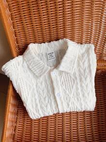 SHEIN LMoss Kids LMoss Baby Boy Baby Girl Casual Solid Color Hollow Out Soft Knit Round Neck Short Sleeve Top