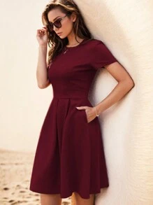 Đầm xòe kiểu vintage màu trơn dành cho nữ, thích hợp cho tiệc cocktail, phong cách thường ngày mùa hè và thanh lịch. - Màu Đỏ Sâu - Xem 4