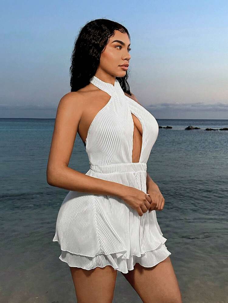 Summer Holiday White Pleated Romper, Sleeveless, V-Neck