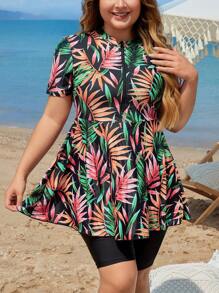 SHEIN Swim Curve Summer Beach Plus Tropical Plant Printed Half-Zip Short Sleeve Rash Guard For Beach Holiday And Surfing - Black - View 1