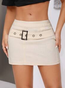 SHEIN SXY Damen Jeansrock mit Schnalle Dekoration - Khaki - Übersicht 3