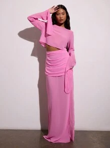 MUSERA Ruched Detail Split Chiffon Maxi Skirt Elegant Summer Vacation - Pink - View 1