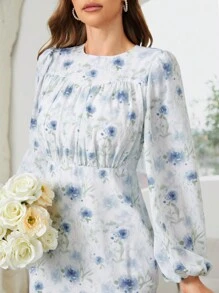 Modelyn Phụ Nữ Mùa Hè Họa Tiết Tay Phồng Cổ Tròn Đuôi Cá Viền Đầm Thanh Lịch - Nhiều màu - Xem 3