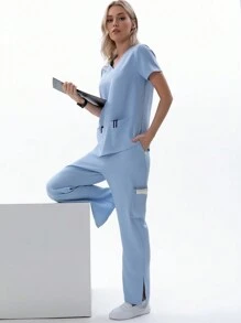 TaskEZ Conjunto de uniforme de enfermera de 2 piezas para mujer con parte superior de cuello en V elástica y fresca, y pantalón cargo, conjunto de uniforme de enfermera de verano con parte superior de manga corta y pantalón dividido - Azul - Ver 6