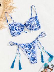 SHEIN Swim Summer Plant Print Bikini Set With Side Tie Knot - Multicolor - View 4