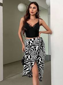 SHEIN Privé Ladies' Elegant Wrap-Around Waist Tie Zebra Printed Asymmetrical Hem Skirt With Pom Pom Detailing, Perfect For Holiday