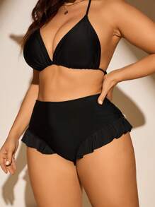 SHEIN Swim Curve Plus Size Women Summer Beach Solid Color Simple Contrast Ruffled Hem Shorts Swimwear Bottom For Vacation - Black - View 6